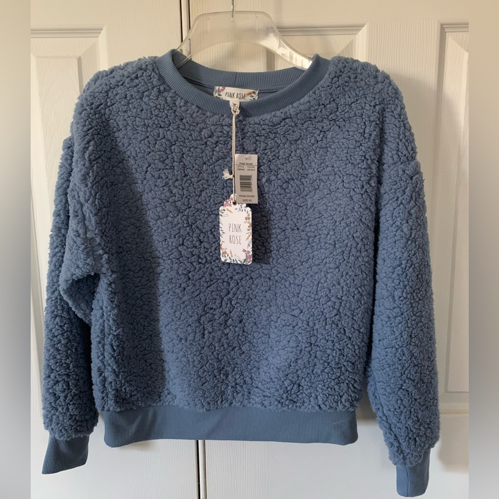 Crew neck pullover sherpa by Pink Rose; NWT-never worn; XS; blue